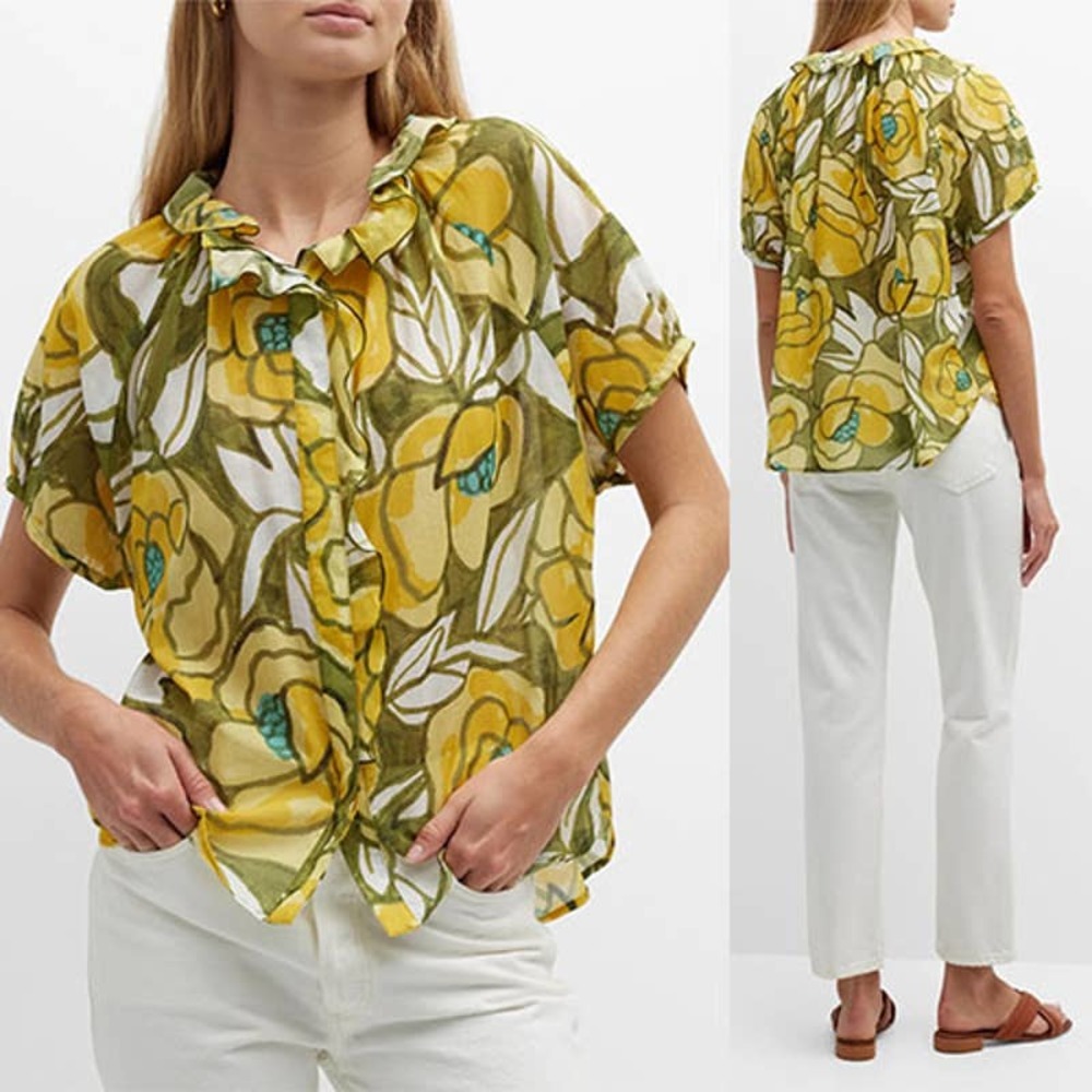 Finley Frankie Floral-Print Ruffle-Trim Shirt Green Yellow Women's Size: S Nwot